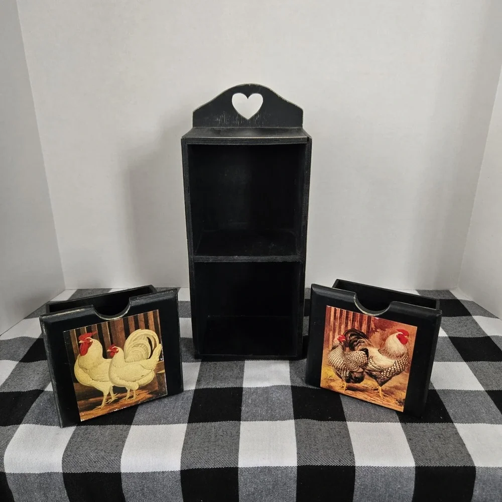 Wooden Farmhouse Shelf‎ W 2 Drawers Chickens Roosters Country Rustic